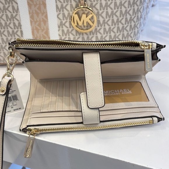 Michael Kors Jet Set Travel Large Double Zip Wristlet Wallet Light Cream Leather - Picture 11 of 16